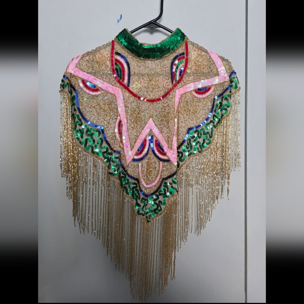 Pretty Pink Gold and Green Hand Beaded Fringe Cape